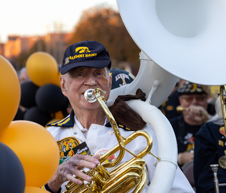 Jared Hills playing Sousaphone in the Alumni Band during the Homecoming Parade 2022