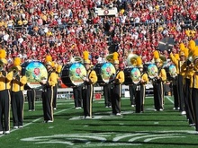 Bass drum players performing at the Rose Bowl