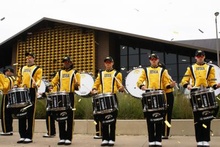 Drumline performing in the lot show outside the Rec Building