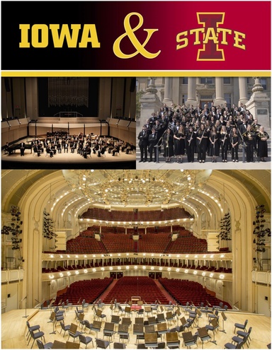 A collage of images, including the University of Iowa and Iowa State logos, with photos of concert bands at Iowa and ISU, and an image of Orchestra Hall in Chicago