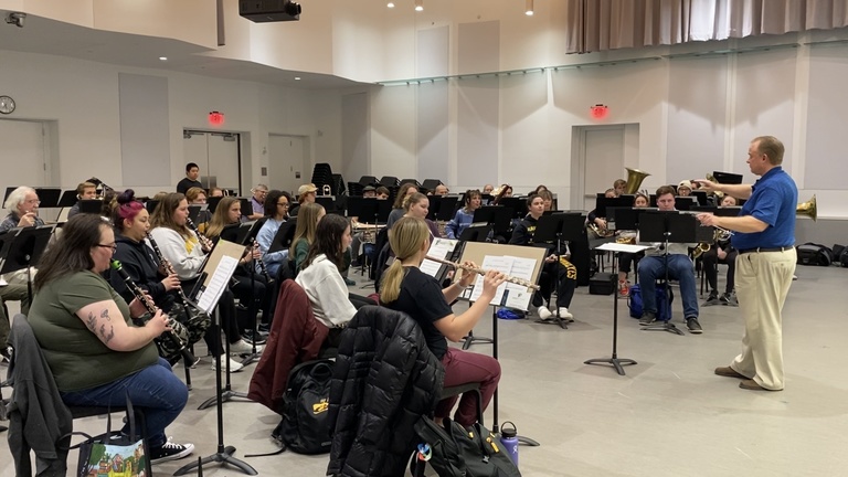 Mark Heidel rehearsing the Ireland Band at Voxman Music Building