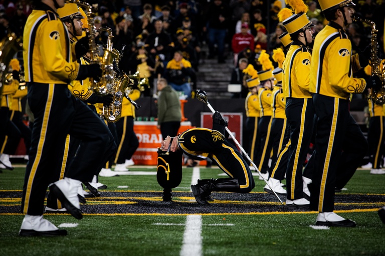 Drum Major Brandon Alpers performing during Pregame in Kinnick Stadium
