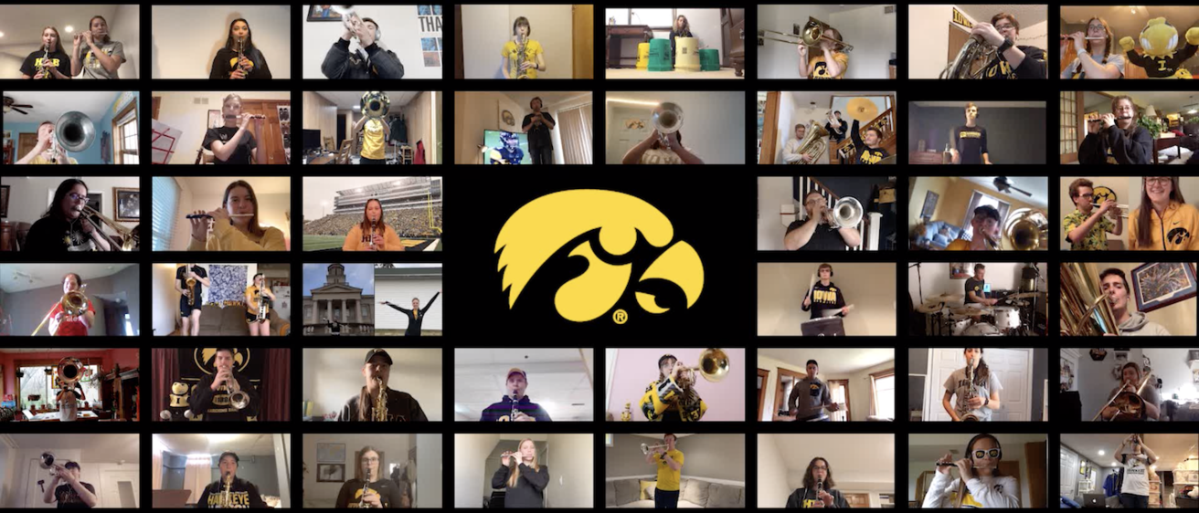 60 members of the Hawkeye Marching Band performing the Iowa Fight Song in a grid of individual video clips
