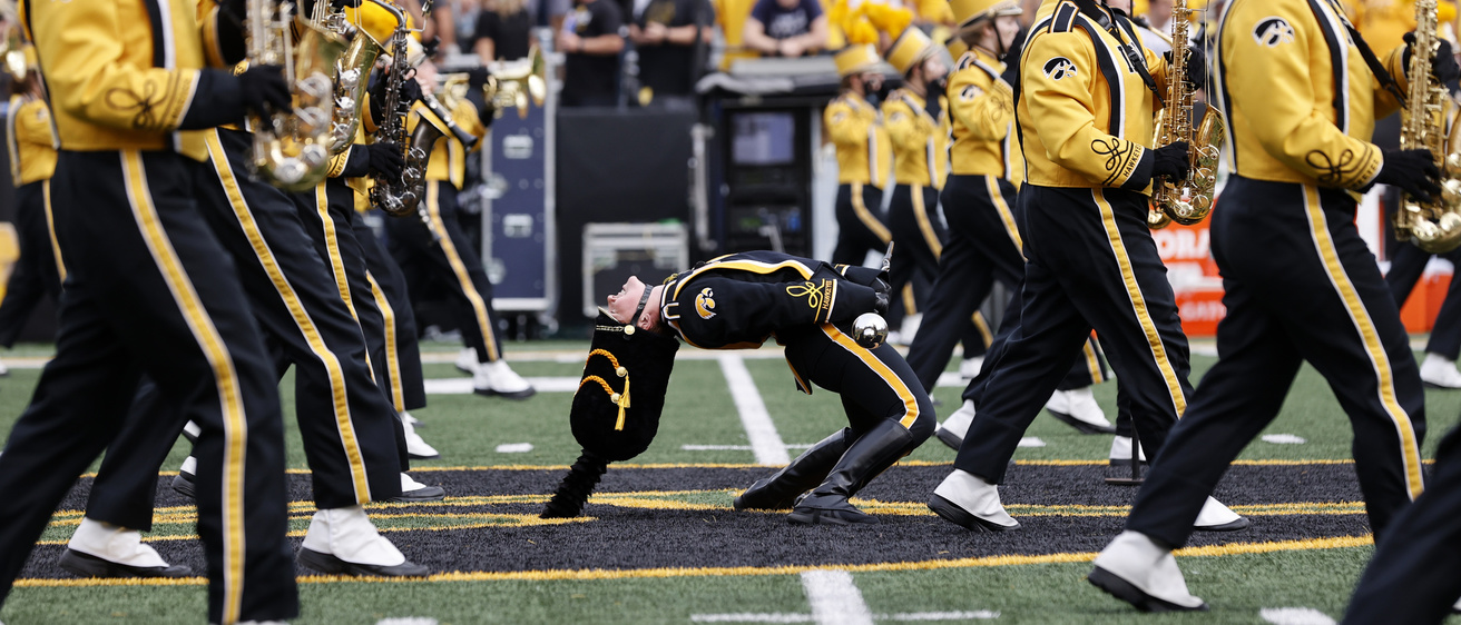 Hawkeye Marching Band performing in Kinnick Stadium