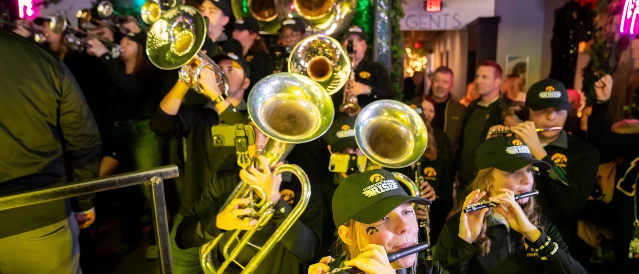 band members perform at a Hawkeye Huddle during the NCAA Women's Basketball tournament
