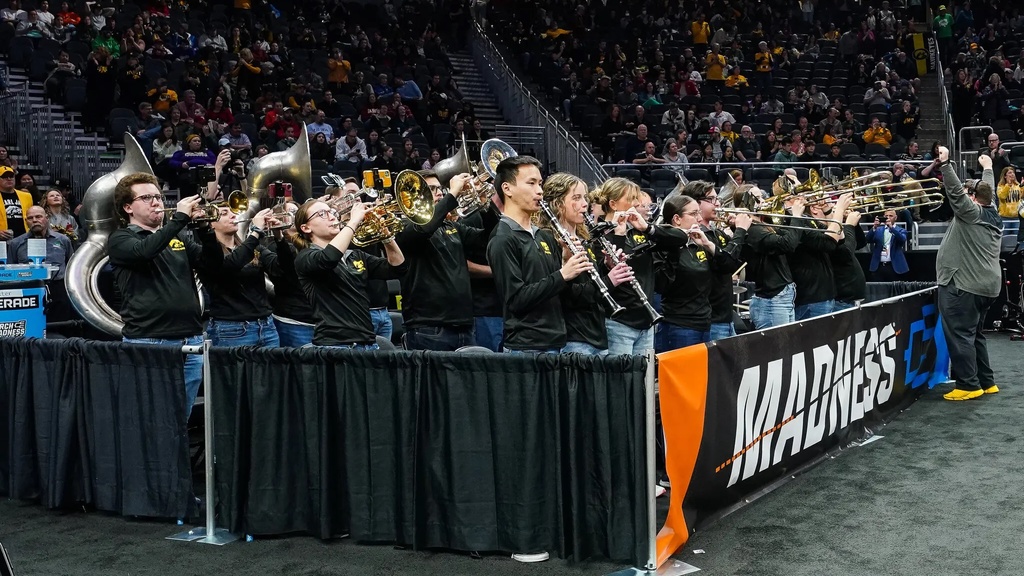 The Iowa Pep Band performing in the Elite 8 in the NCAAW Tournament in Seattle