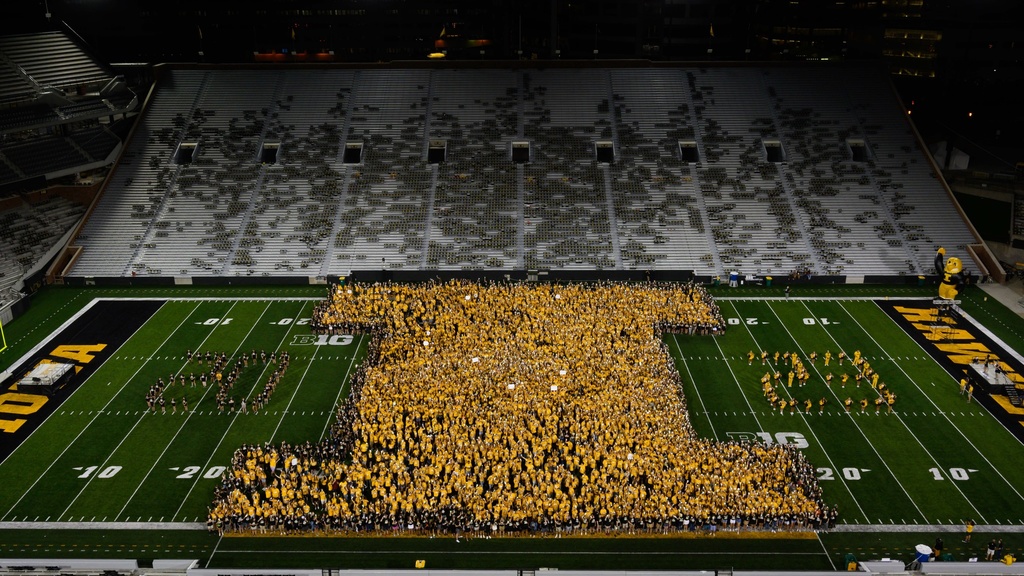 Photo of Block "I" on the field in Kinnick Stadium with "20" on one side and "23" on the other
