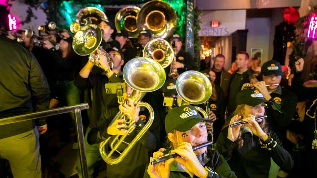 band members perform at a Hawkeye Huddle during the NCAA Women's Basketball tournament